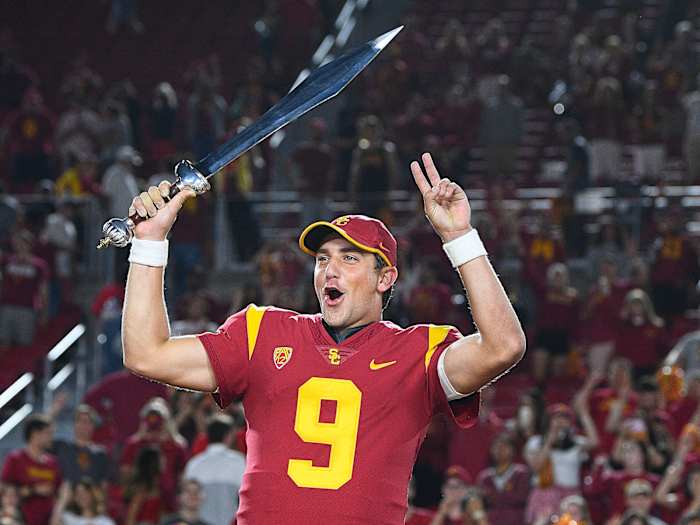 Backup QB Kedon Slovis celebrates USC's win over Stanford.